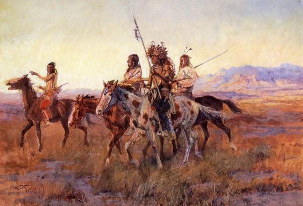 Main Product Photo of Four Mounted Indians Painting by Charles Marion Russell
