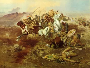 Indian Fight, #1 by Charles Marion Russell Oil Painting