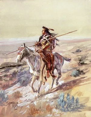 Indian with Spear by Charles Marion Russell - Oil Painting Reproduction