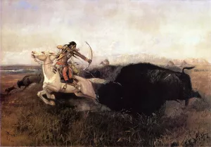 Indians Hunting Buffalo by Charles Marion Russell Oil Painting