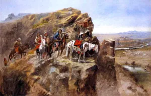 Indians on a Bluff Surveying General Miles' Troops by Charles Marion Russell - Oil Painting Reproduction