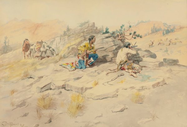 Main Product Photo of Indians Stalking Elk  Painting by Charles Marion Russell