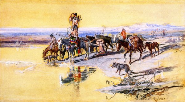 Indians Traveling on Travois by Charles Marion Russell - Hand-Painted Oil Painting Reproduction
