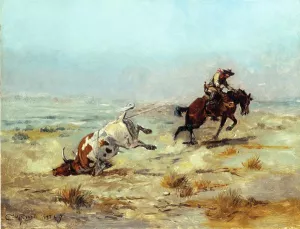 Lassoing a Steer by Charles Marion Russell - Oil Painting Reproduction