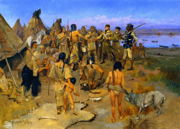 Main Product Photo of Lewis and Clark Meeting the Mandan Indians Painting by Charles Marion Russell