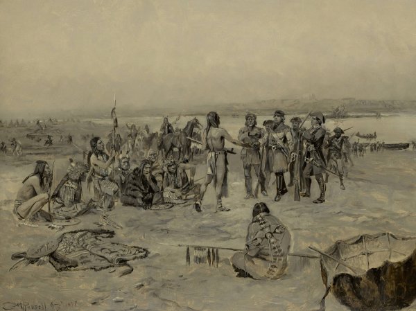 Main Product Photo of Lewis And Clark Meeting The Mandans  Painting by Charles Marion Russell