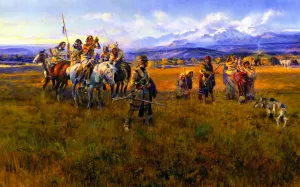 Lewis and Clark Reach Shoshone Camp Led by Sacajawea the Bird Woman painting by Charles Marion Russell