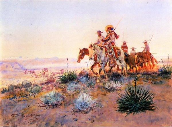 Mexican Buffalo Hunters by Charles Marion Russell - Hand-Painted Oil Painting Reproduction