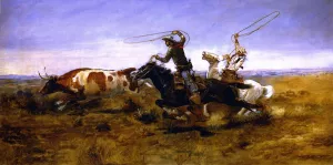 OH Cowboys Roping a Steer by Charles Marion Russell - Oil Painting Reproduction