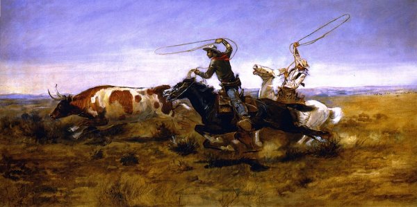 OH Cowboys Roping a Steer by Charles Marion Russell - Hand-Painted Oil Painting Reproduction