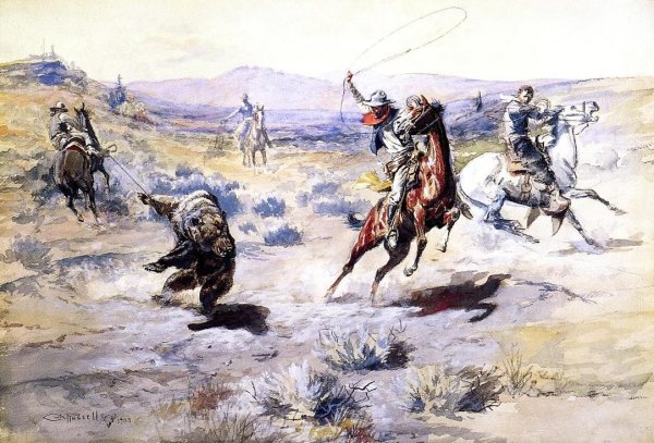 Main Product Photo of Roping a Grizzly Painting by Charles Marion Russell