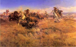 Running Buffalo by Charles Marion Russell - Oil Painting Reproduction