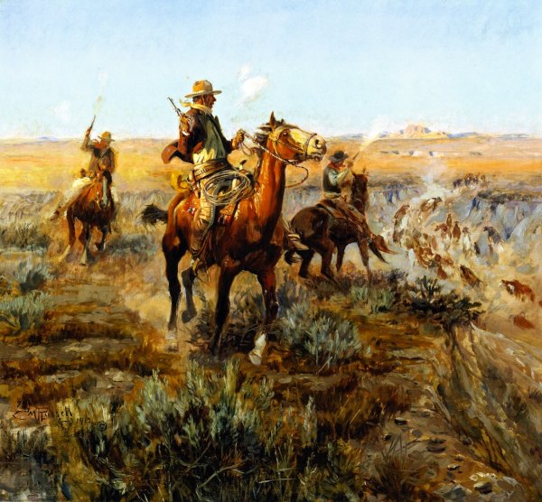 Smoking Cattle Out of the Breaks by Charles Marion Russell - Hand-Painted Oil Painting Reproduction