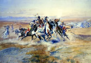 The Attack also known as The Attack at the Red River Carts by Charles Marion Russell Oil Painting