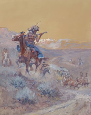 The Stage Ahead of Us Had Been Attacked By Indians And Burned by Charles Marion Russell Oil Painting