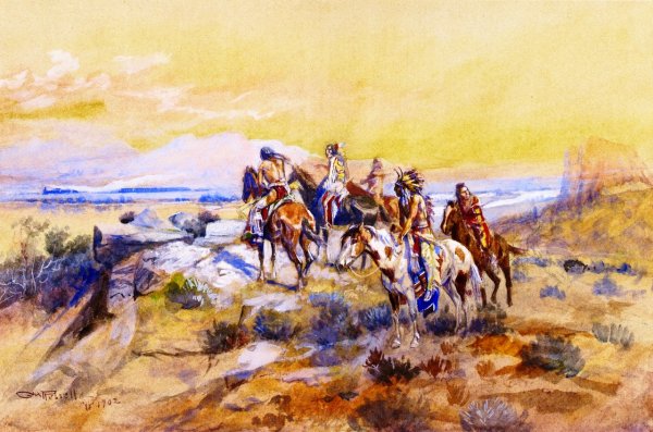 Watching the Iron Horse by Charles Marion Russell - Hand-Painted Oil Painting Reproduction