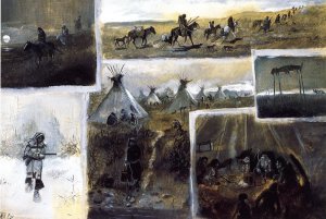 Western Montage by Charles Marion Russell Oil Painting
