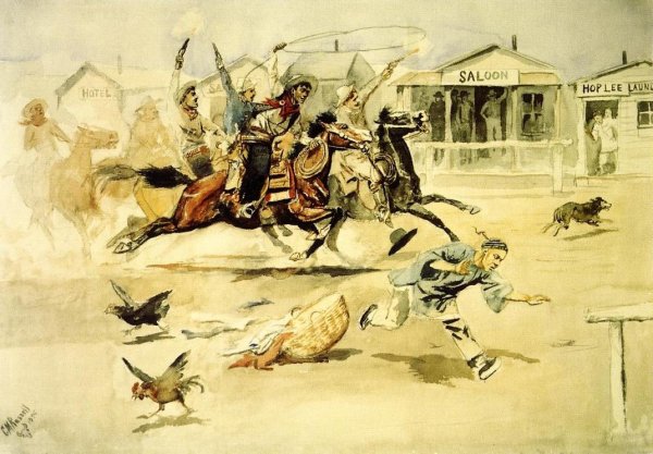 Main Product Photo of Whooping It Up also known as A Quiet Day in Chinook Painting by Charles Marion Russell