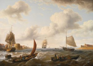 British Men Of War And Other Ships At The Mouth Of Portsmouth Harbor In Choppy Seas by Charles Martin Powell Oil Painting