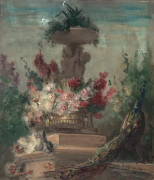 Fleurs et paon Oil painting by Charles Monginot