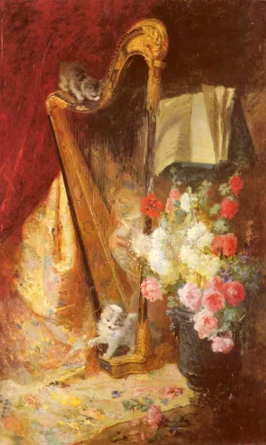 Kittens by a Harp by Charles Monignot - Oil Painting Reproduction
