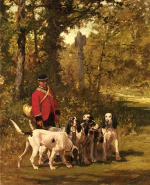 A Huntmaster with His Dogs on a Forest Trail by Charles Olivier De Penne Oil Painting