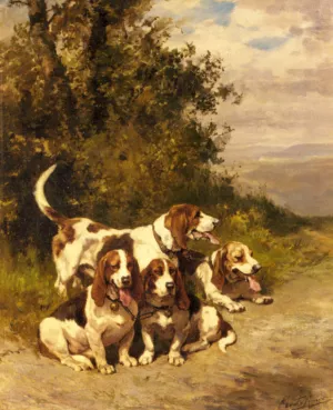 Hunting Dogs on a Forest Path by Charles Olivier De Penne - Oil Painting Reproduction