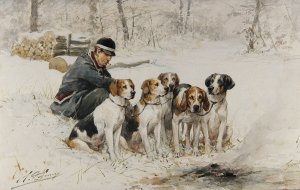 Piqueur et sa meute dans la neige Oil painting by Charles-Olivier De Penne
