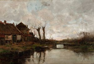 Cloudy Day Along a Dutch Canal by Charles Paul Gruppe Oil Painting