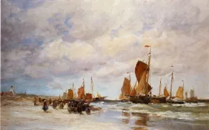 Welcoming the Fishing Vessels Home by Charles Paul Gruppe Oil Painting