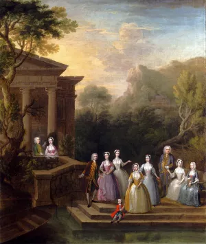 Group Portrait Of A Family, By A Lake And A Classical Pavilion by Charles Philips Oil Painting