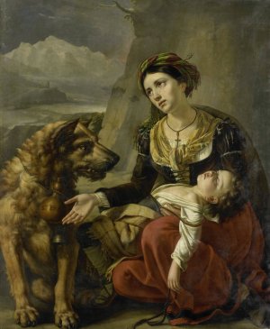 A Saint Bernard Dog Comes to the Aid of a lost Woman with a sick Child by Charles Picque Oil Painting