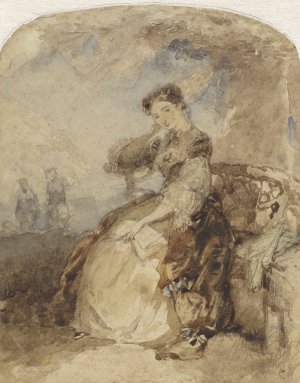 Dame zittend op een bankje onder een boom, met een boek in de hand by Charles Rochussen Oil Painting