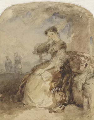 Dame zittend op een bankje onder een boom, met een boek in de hand by Charles Rochussen Oil Painting