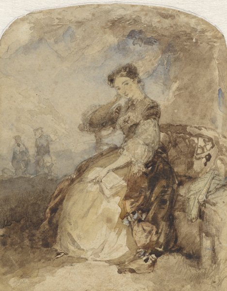Main Product Photo of Dame zittend op een bankje onder een boom, met een boek in de hand  Painting by Charles Rochussen