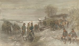 Franse troepen trekken over een bevroren rivier by Charles Rochussen Oil Painting