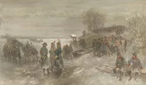 Franse troepen trekken over een bevroren rivier Oil painting by Charles Rochussen