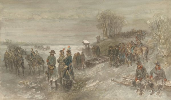 Main Product Photo of Franse troepen trekken over een bevroren rivier  Painting by Charles Rochussen