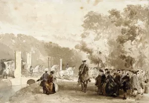 Koets van de Prins, die van de oprijlaan van Huis ten Bosch rijdt Oil painting by Charles Rochussen
