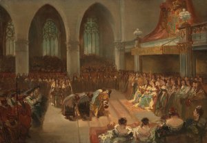 The coronation of William III and Mary Stuart, Anno 1689 by Charles Rochussen Oil Painting