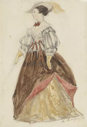 Vrouw in rijkostuum, met hoed op en zweep in de hand by Charles Rochussen Oil Painting