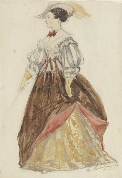 Main Product Photo of Vrouw in rijkostuum, met hoed op en zweep in de hand  Painting by Charles Rochussen
