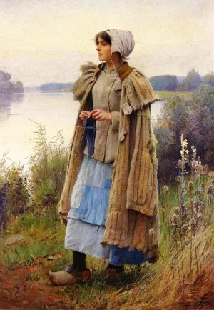 Knitting in the Fields by Charles Sprague Pearce - Oil Painting Reproduction