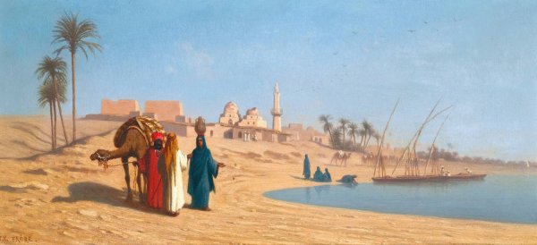 Main Product Photo of Une Conversation Aux Bords Du Nil Painting by Charles Theodore Frere