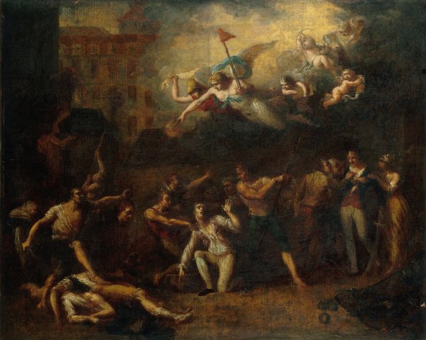 Main Product Photo of Mort de M. de Pelleport qui s'interposait pour sauver M. de Losme, officier de la Bastille, devant l'Hotel de Ville, le 14 juillet 1789  Painting by Charles Thevenin