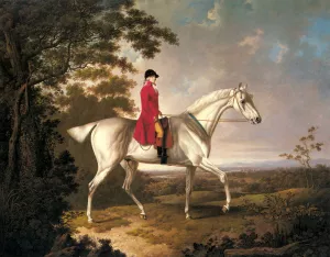 A Huntsman on a Grey Hunter in an Extensive Landscape painting by Charles Towne
