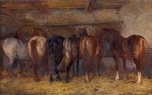 Horses in Stable by Charles Tschaggeny Oil Painting