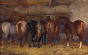 Horses in Stable by Charles Tschaggeny Oil Painting