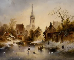 A Winter Landscape with Skaters near a Village by Charles Van Den Eycken Oil Painting