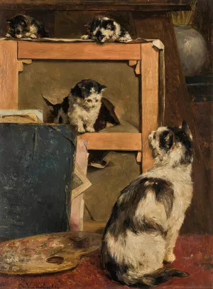 Cats At Play by Charles Van Den Eycken Oil Painting